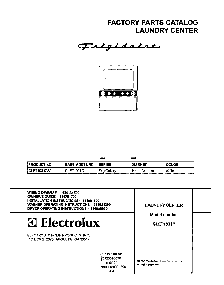 COVER Diagram and Parts List for GLET1031CS0  Frigidaire Washer Dryer Combo