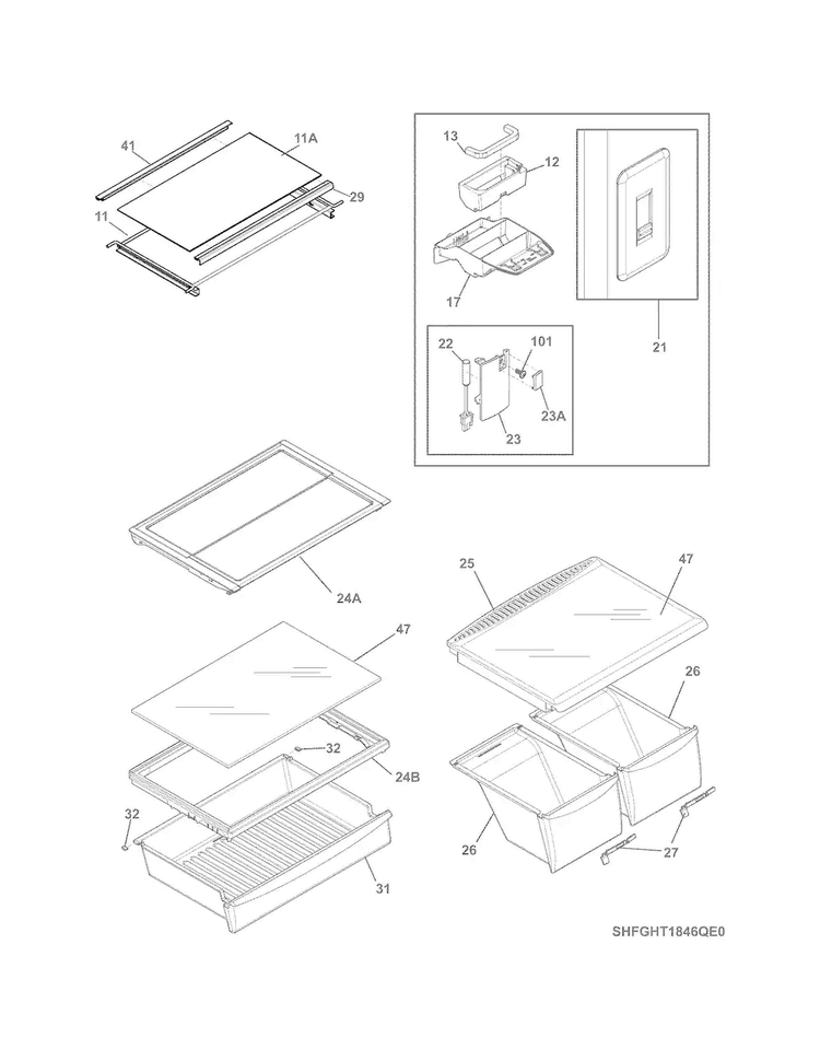 Shelves Diagram and Parts List for FGHT1846QE0  Frigidaire Refrigerator