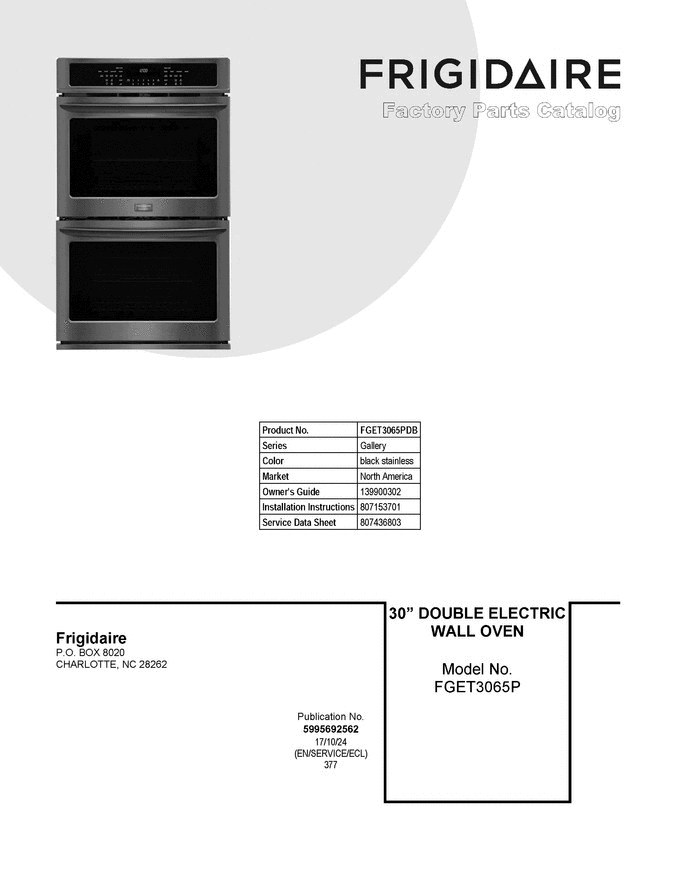 01 - Cover Sheet Diagram and Parts List for FGET3065PDB  Frigidaire Wall Oven