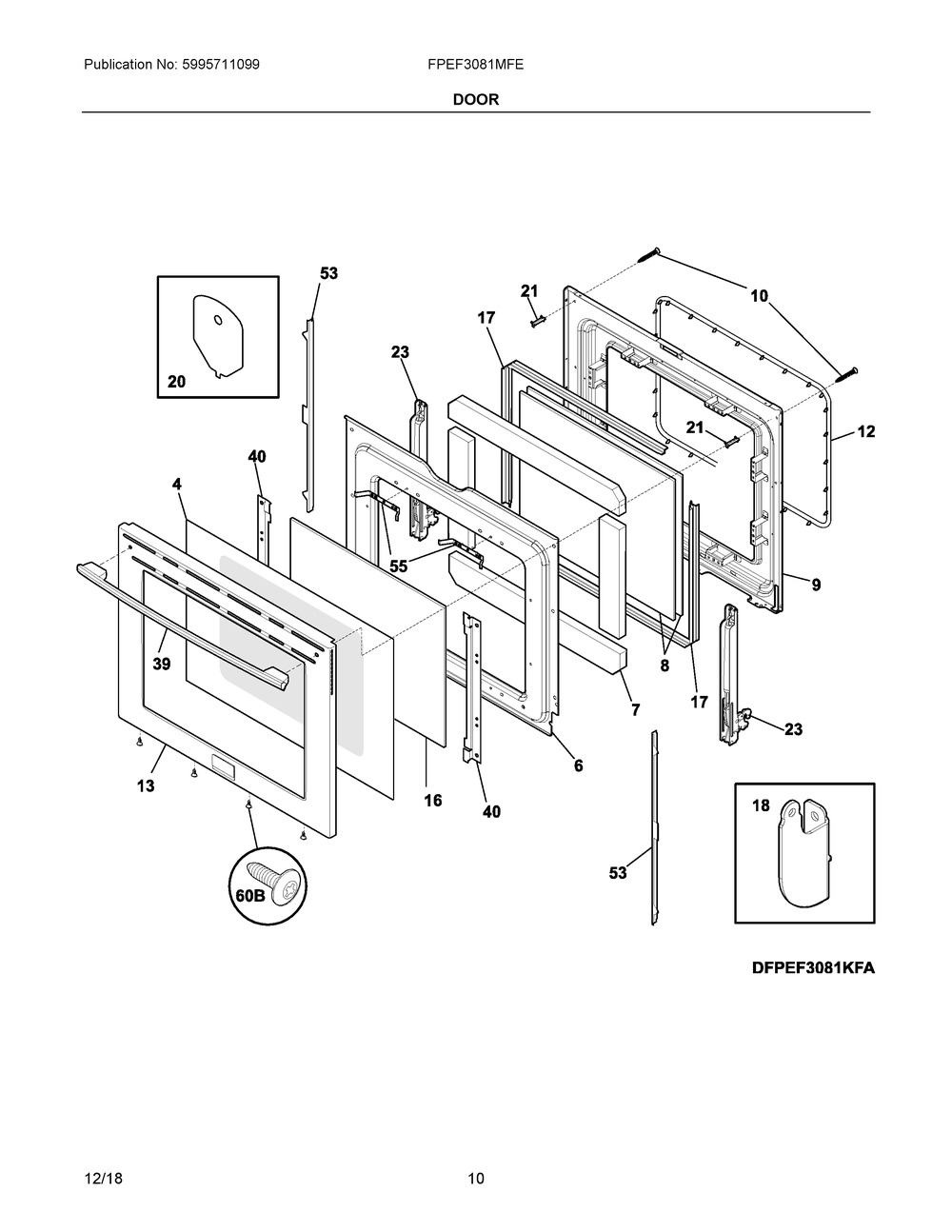Door Diagram and Parts List for FPEF3081MFE  Frigidaire Range