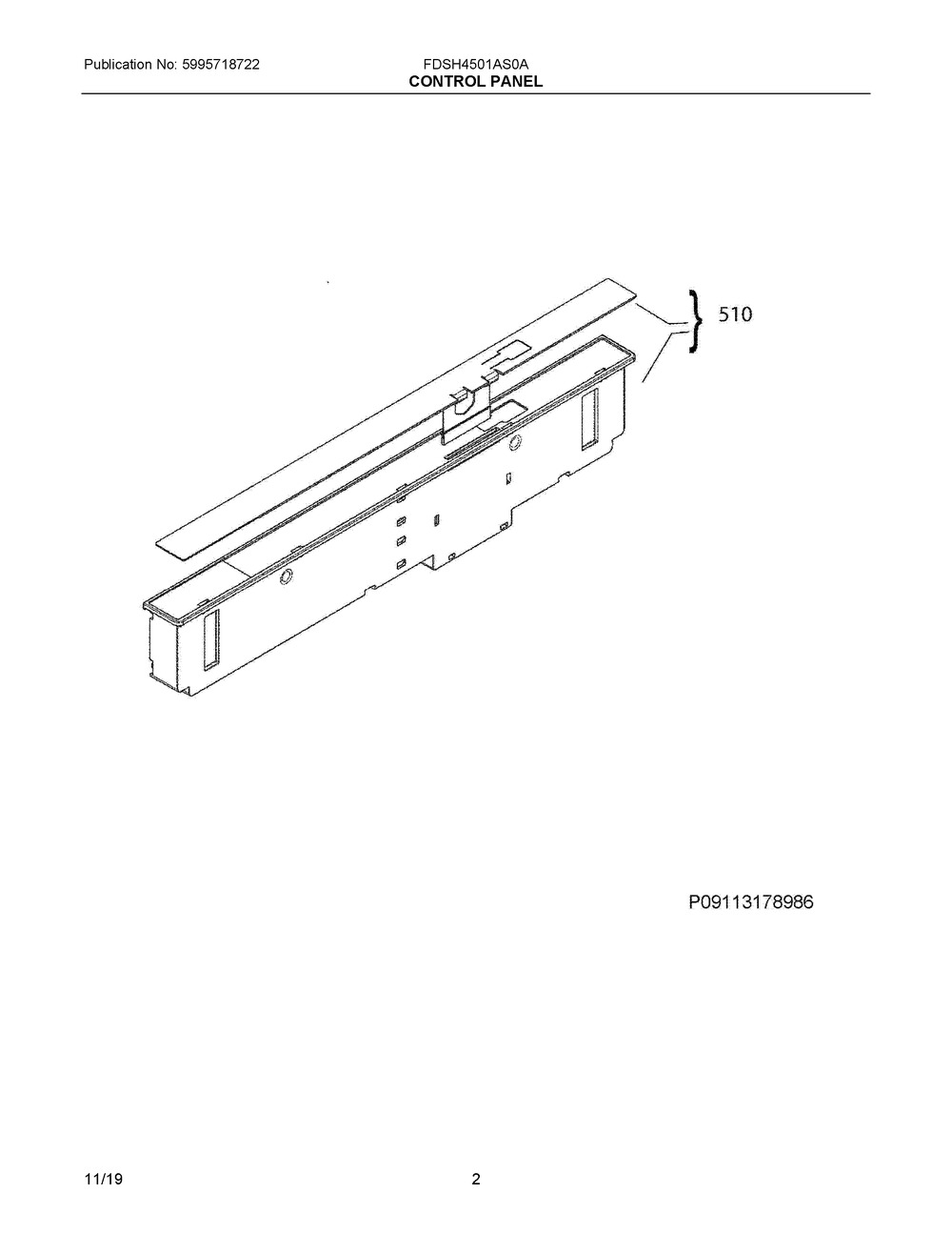 Control Panel Diagram and Parts List for FDSH4501AS0A  Frigidaire Dishwasher