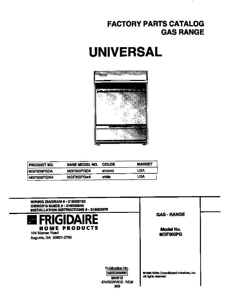COVER Diagram and Parts List for MGF303PGDA  Frigidaire Range