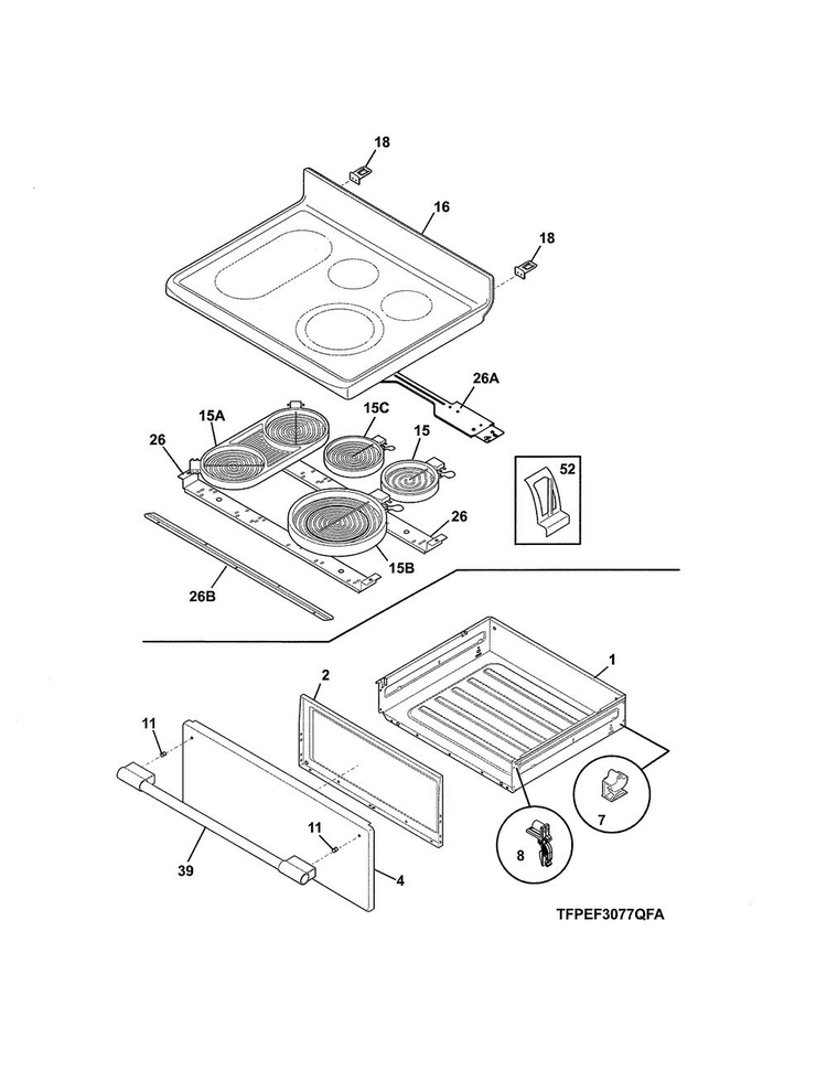 Top/drawer Diagram and Parts List for FPEF3077QFB  Frigidaire Range