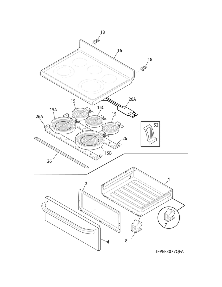 Top/drawer Diagram and Parts List for CGEF3058RWA  Frigidaire Range