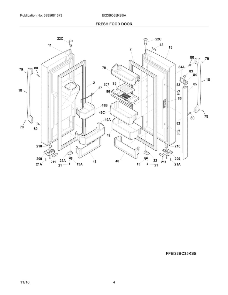 Fresh Food Door Diagram and Parts List for EI23BC65KSBA  Electrolux Refrigerator