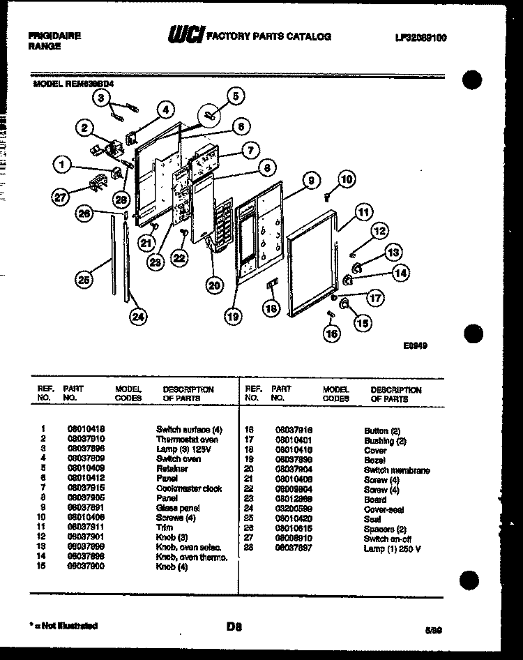 CONTROL PANEL Diagram and Parts List for REM638BDW4  Frigidaire Range