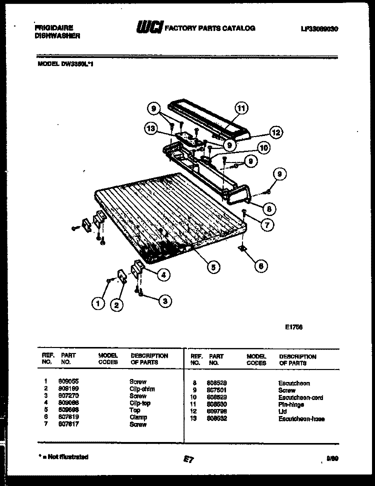 TOP PARTS Diagram and Parts List for DW3350W1  Frigidaire Dishwasher
