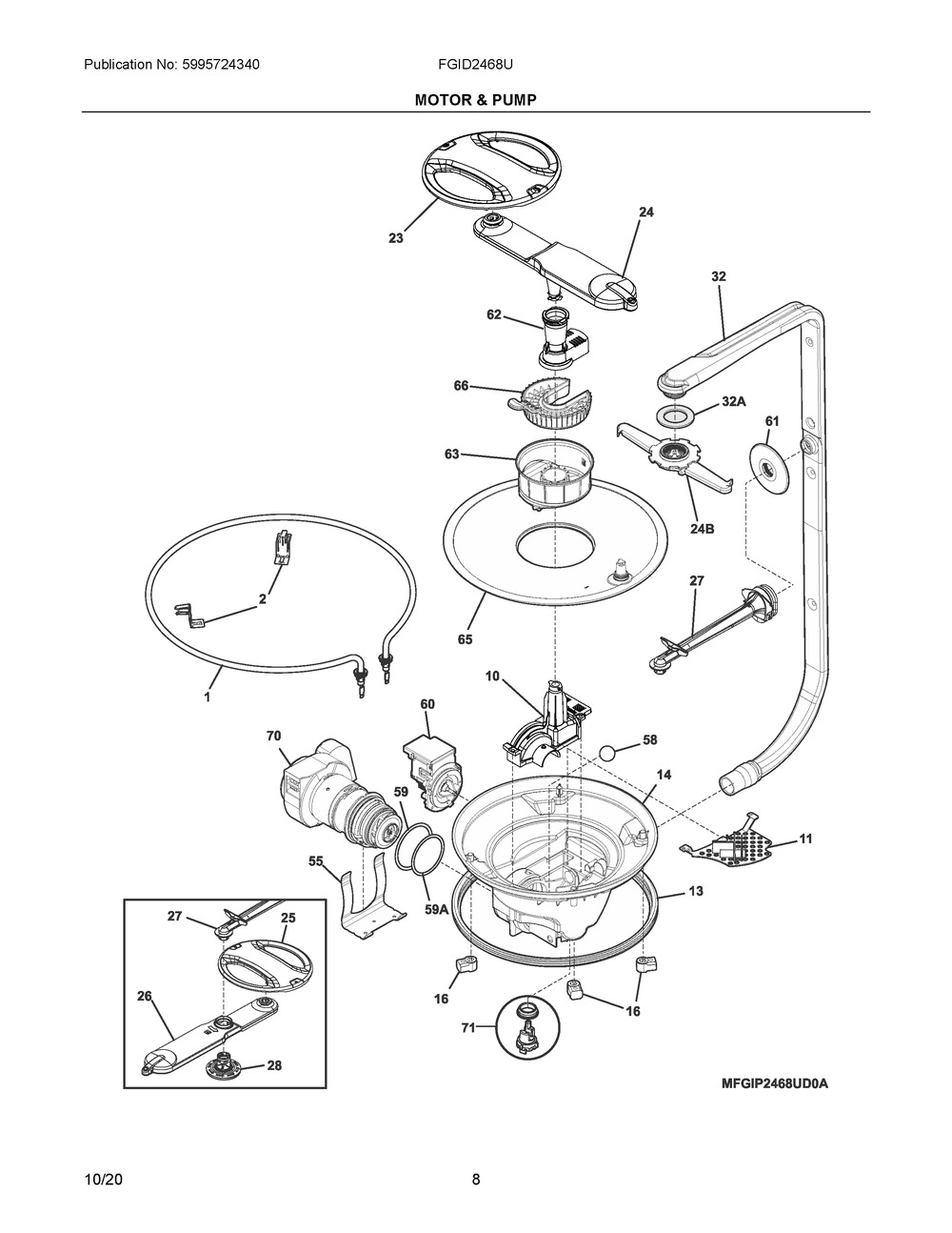 Motor And Pump Diagram and Parts List for FGID2468UD2A  Frigidaire Dishwasher