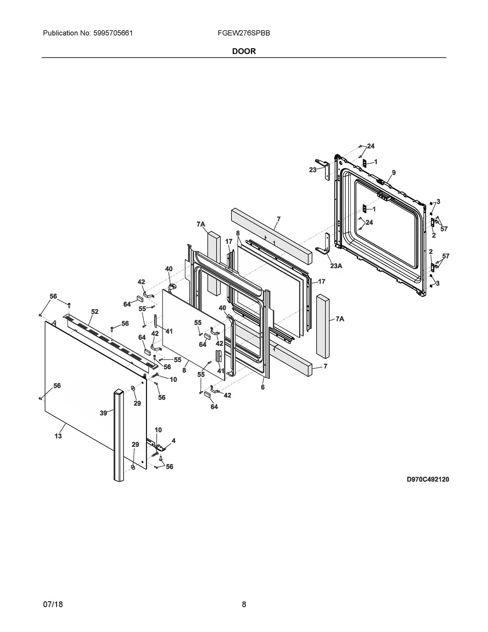 Door Diagram and Parts List for FGEW276SPBB  Frigidaire Wall Oven