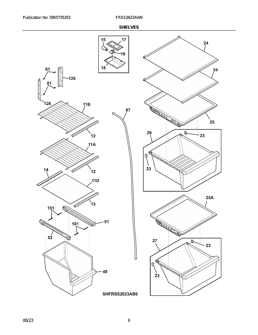 Shelves Diagram and Parts List for FRSS2623AW6  Frigidaire Refrigerator