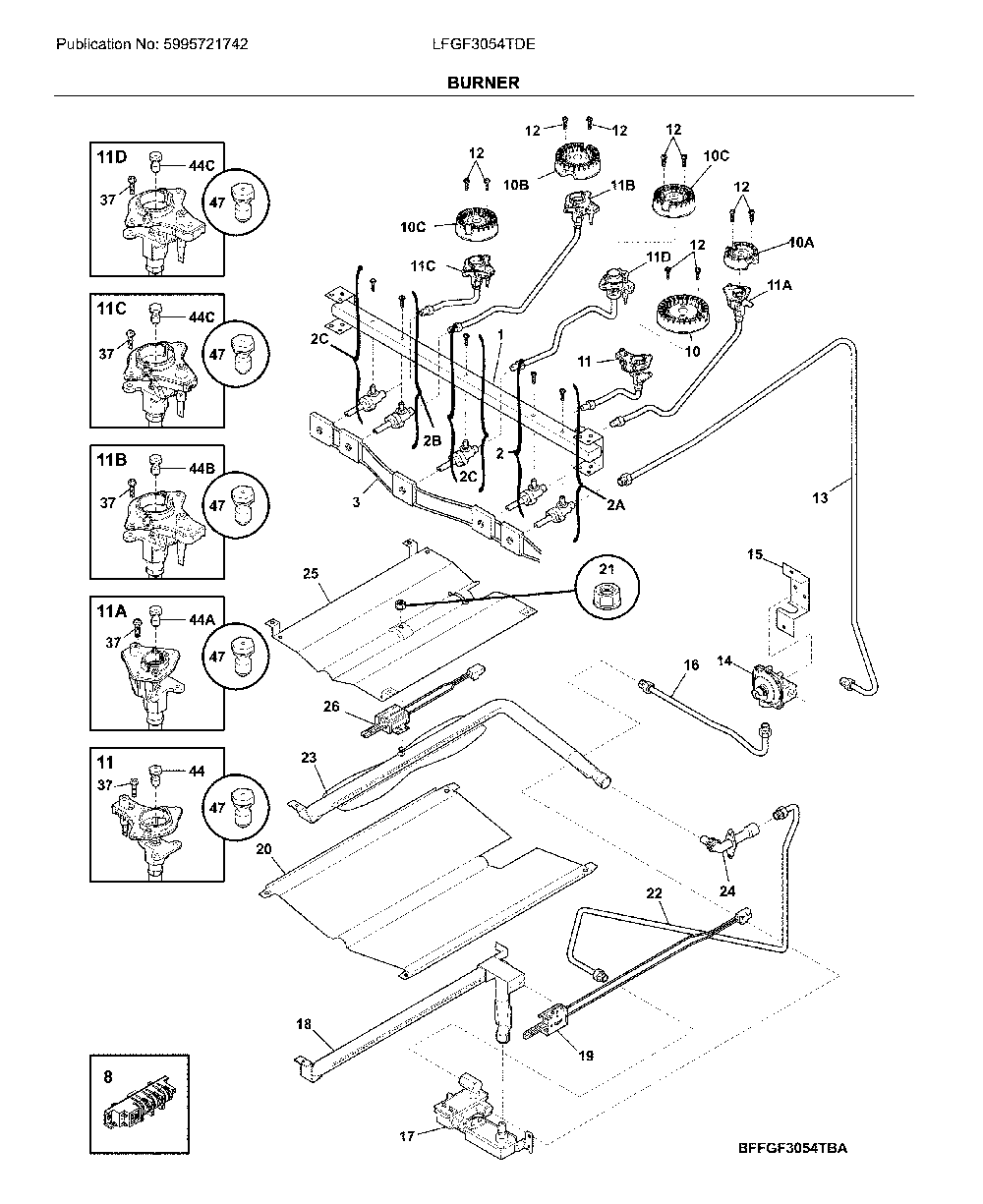 Burner Diagram and Parts List for LFGF3054TDE  Frigidaire Range