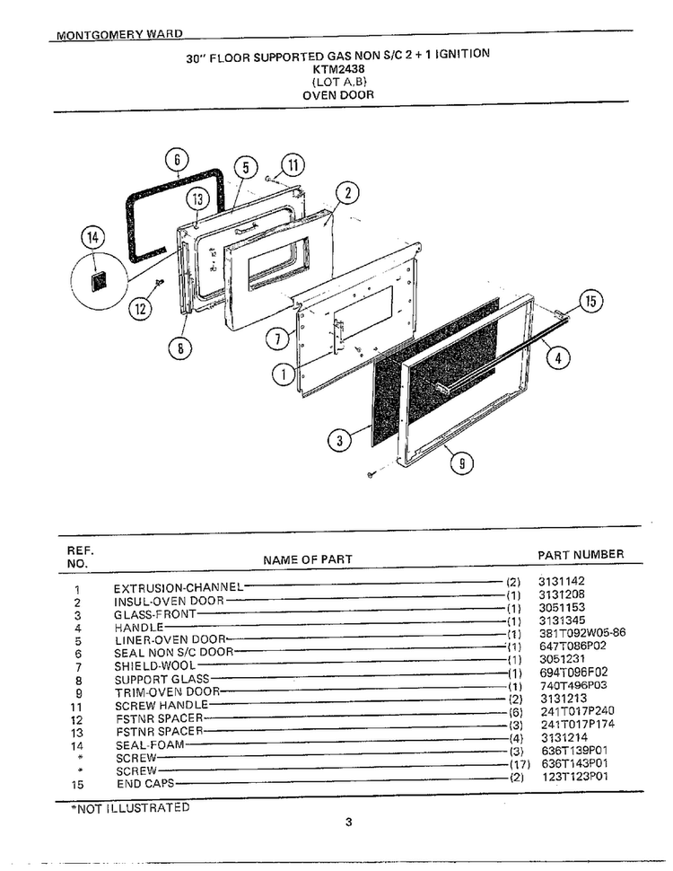 30` Floor Oven Door Diagram and Parts List for 2438A  Frigidaire Range