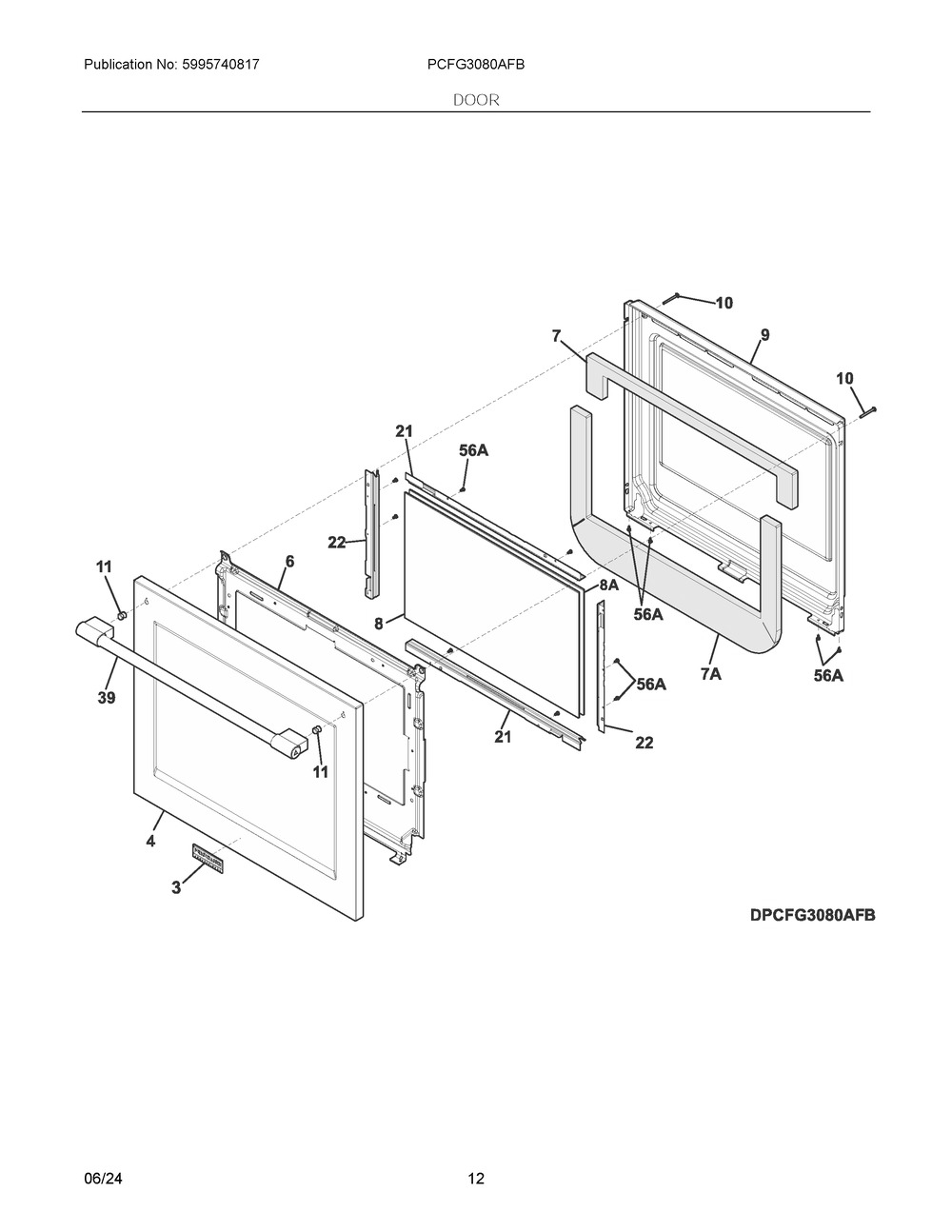 Door Diagram and Parts List for PCFG3080AFB  Frigidaire Range