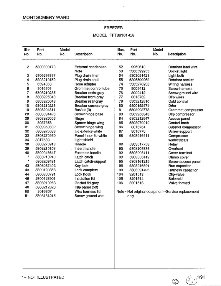 Freezer Page 2 Diagram and Parts List for 89161-0A  Frigidaire Freezer