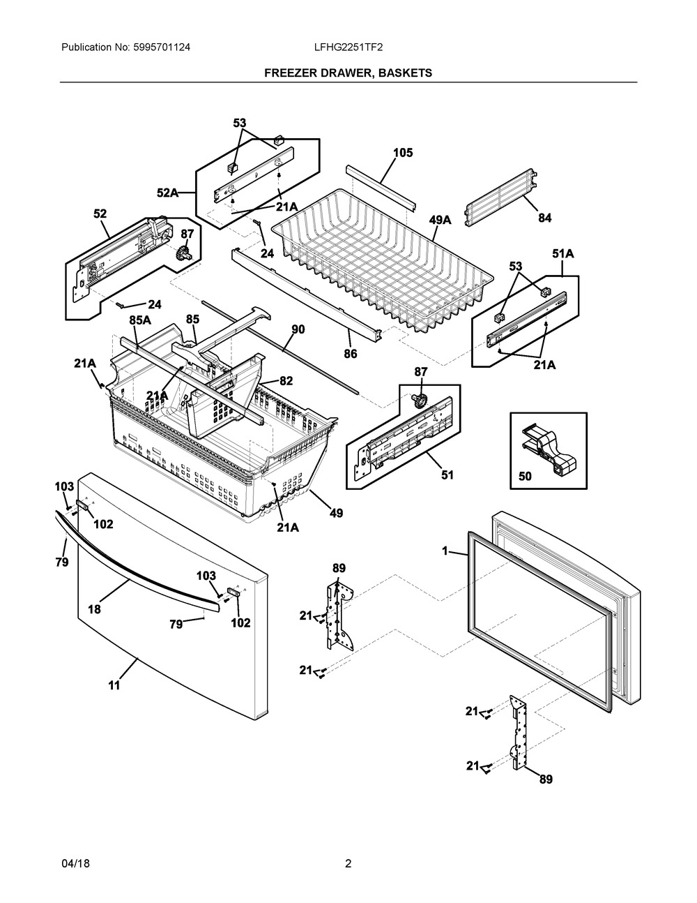 Freezer Drawer, Baskets Diagram and Parts List for LFHG2251TF2  Frigidaire Refrigerator