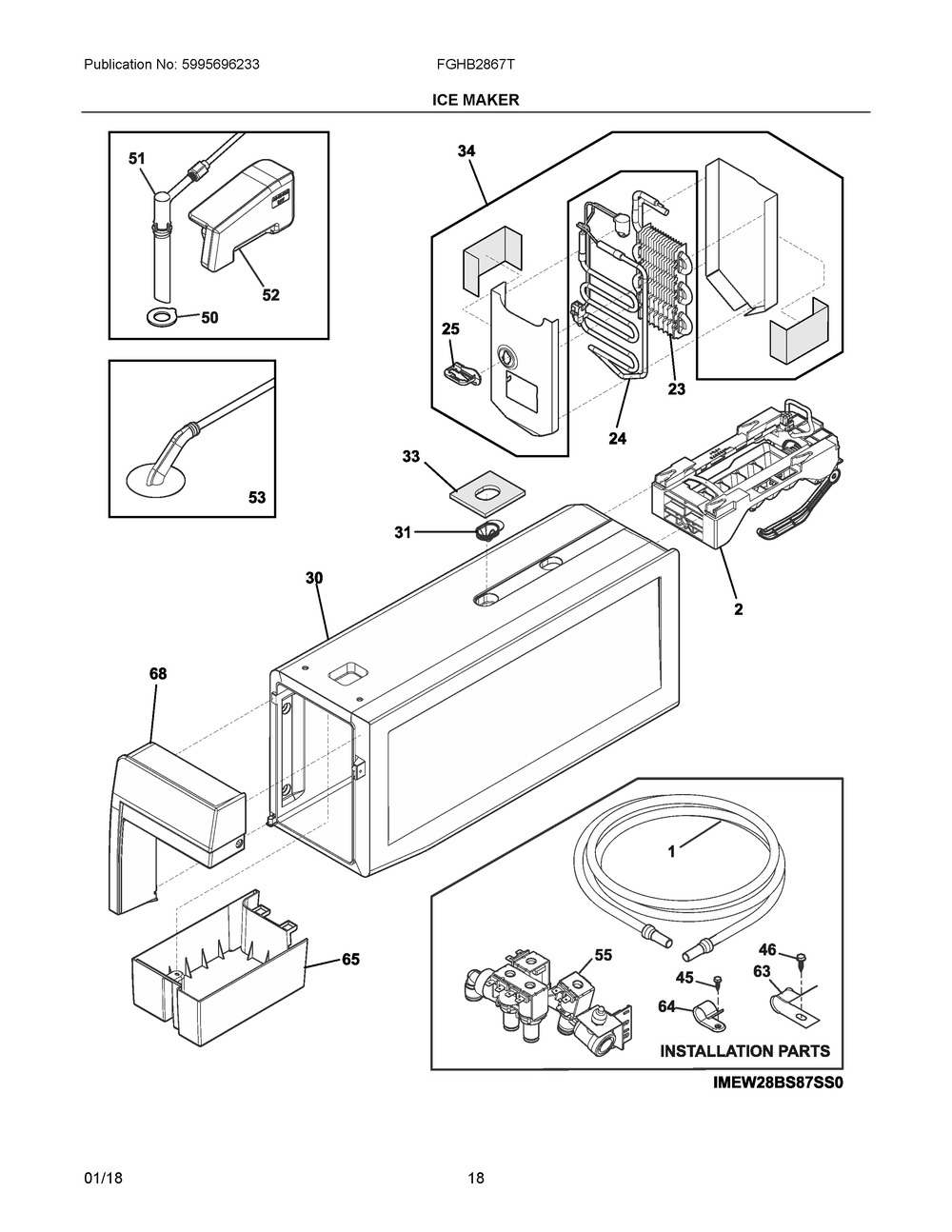 Ice Maker Diagram and Parts List for FGHB2867TF3  Frigidaire Refrigerator