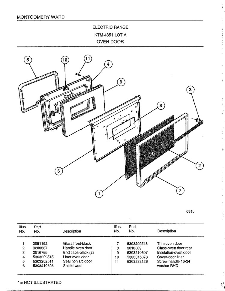 Oven Door Diagram and Parts List for 4851A  Frigidaire Range