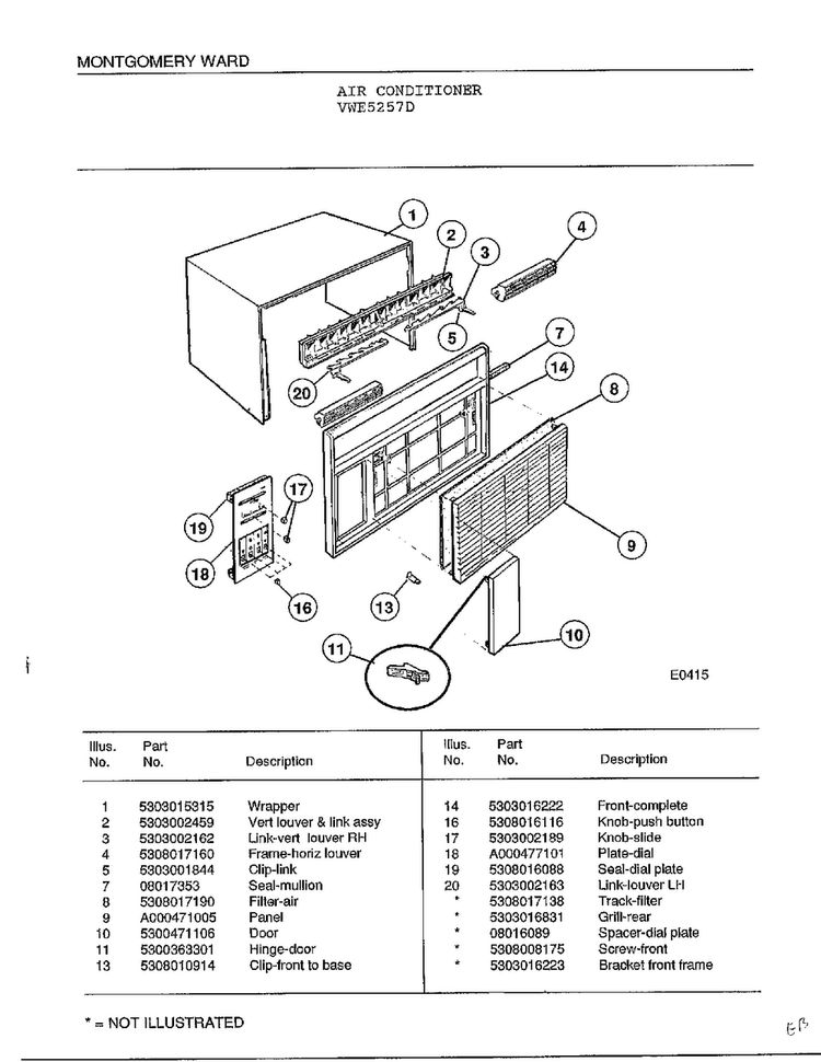 Air Conditioner Diagram and Parts List for 5257D  Frigidaire Air Conditioner