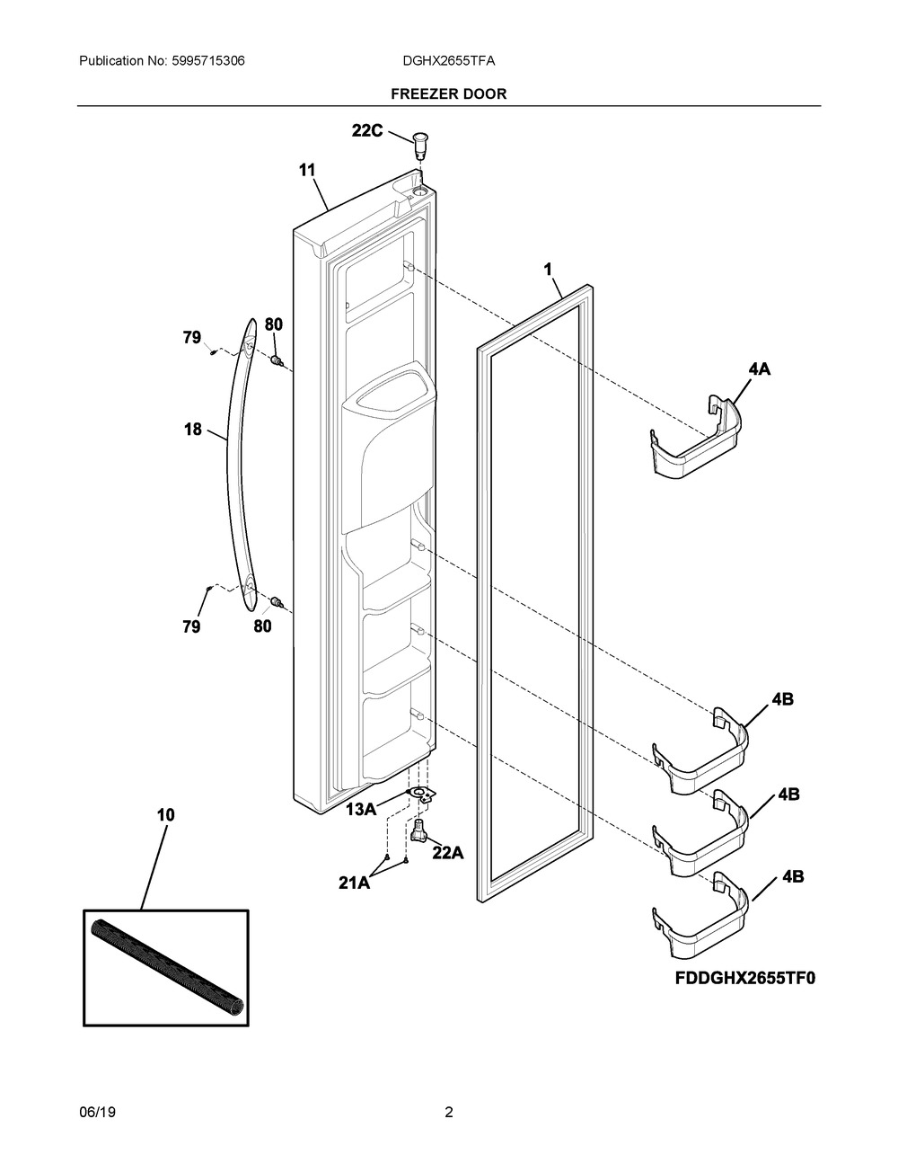 Freezer Door Diagram and Parts List for DGHX2655TFA  Frigidaire Refrigerator