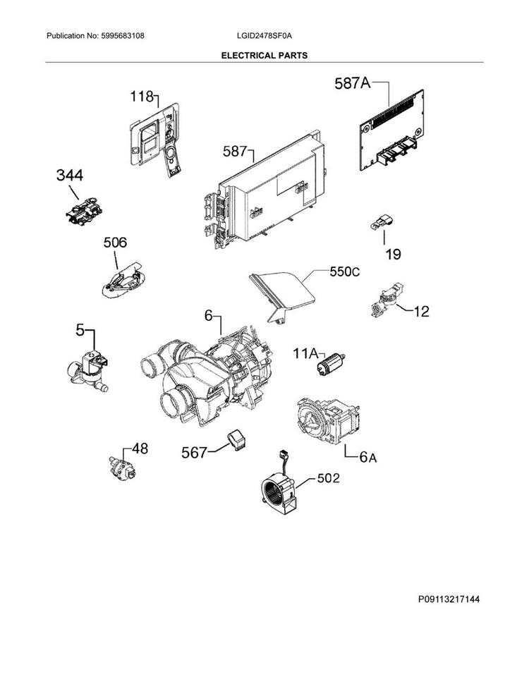Electrical Parts Diagram and Parts List for LGID2478SF0A  Frigidaire Dishwasher