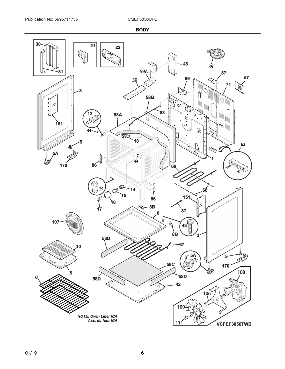 Body Diagram and Parts List for CGEF3036UFC  Frigidaire Range