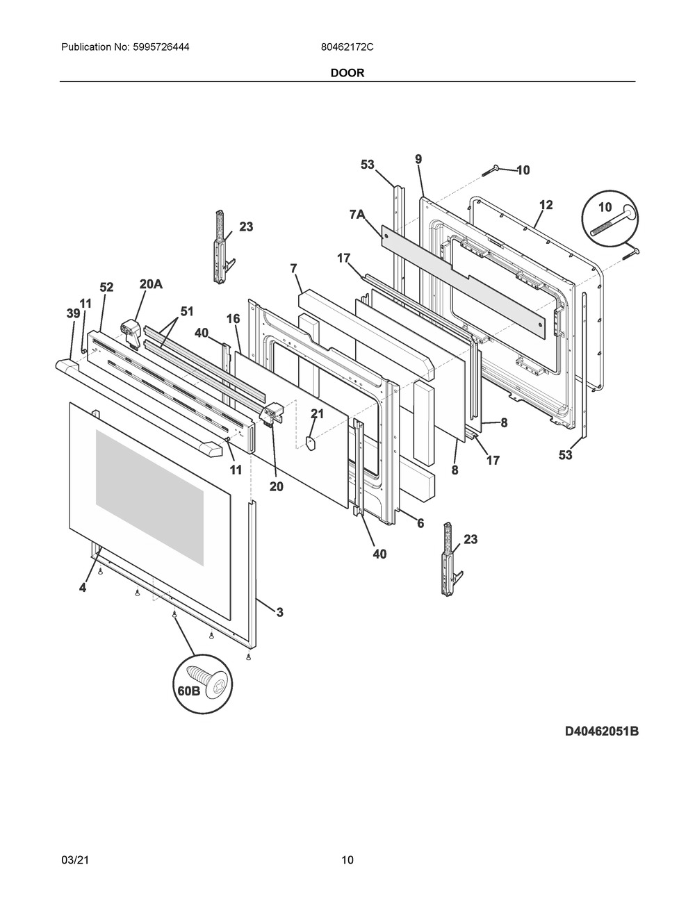 Door Diagram and Parts List for 80462172C  Frigidaire Range