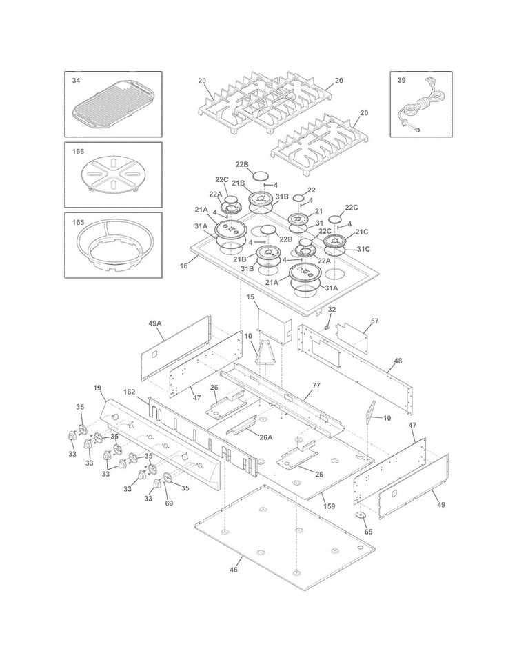 Main Top Diagram and Parts List for E36GC75PSS0  Electrolux Cooktop