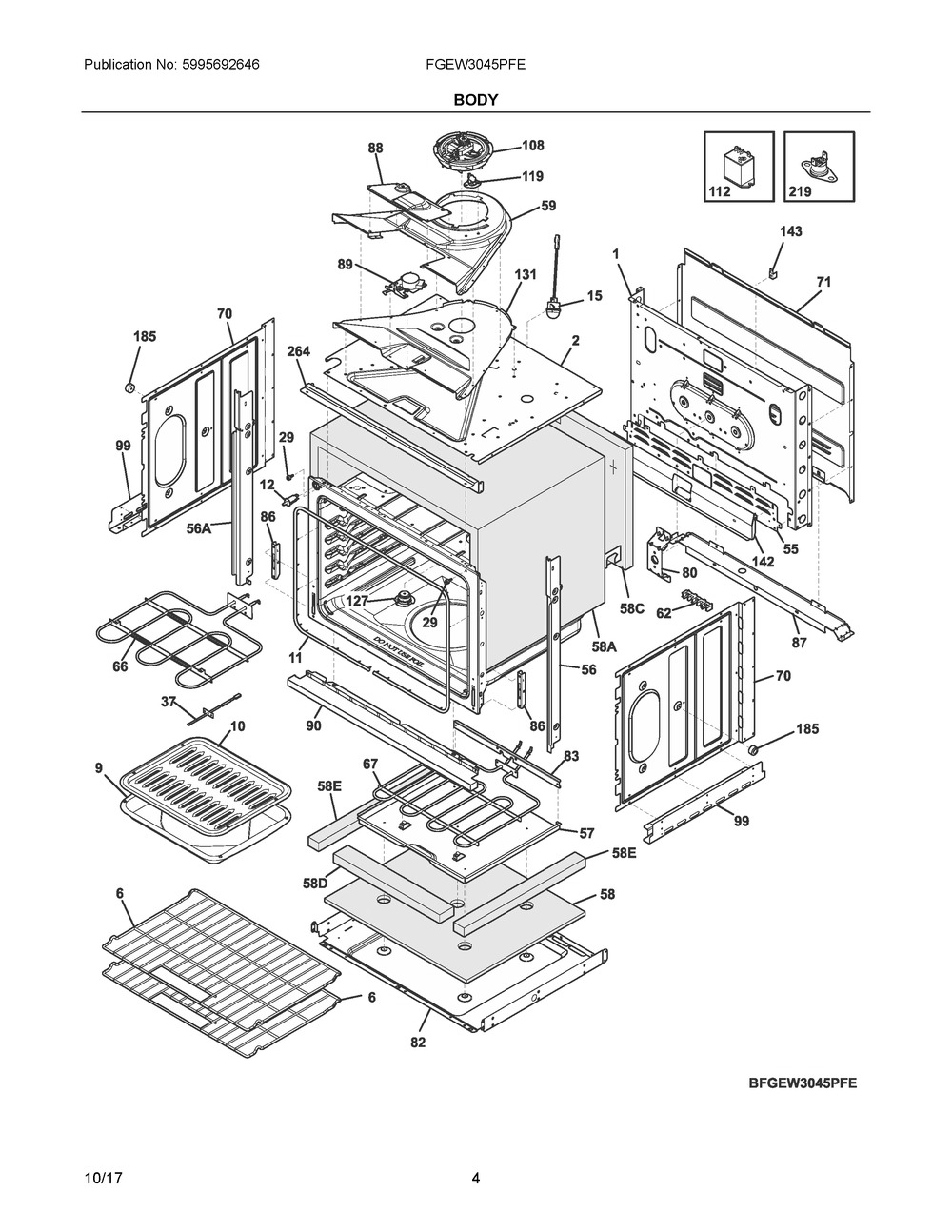 Body Diagram and Parts List for FGEW3045PFE  Frigidaire Wall Oven