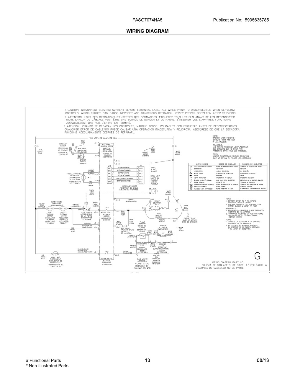 Wiring Diagram Diagram and Parts List for FASG7074NA5  Frigidaire Dryer