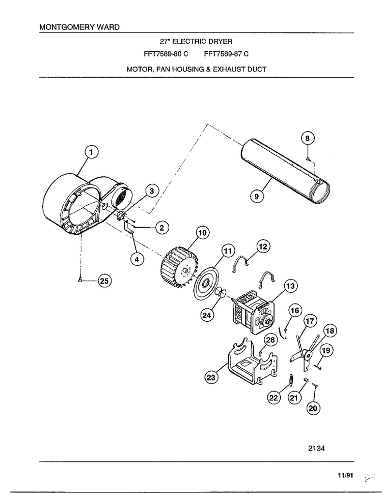 Motor/fan Housing And Exhaust Duct Diagram and Parts List for 7589-80C  Frigidaire Dryer