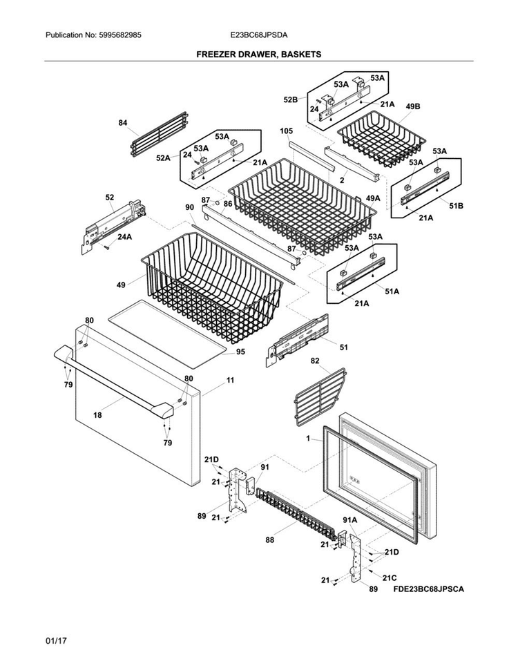 Freezer Drawer, Baskets Diagram and Parts List for E23BC68JPSDA  Electrolux Refrigerator