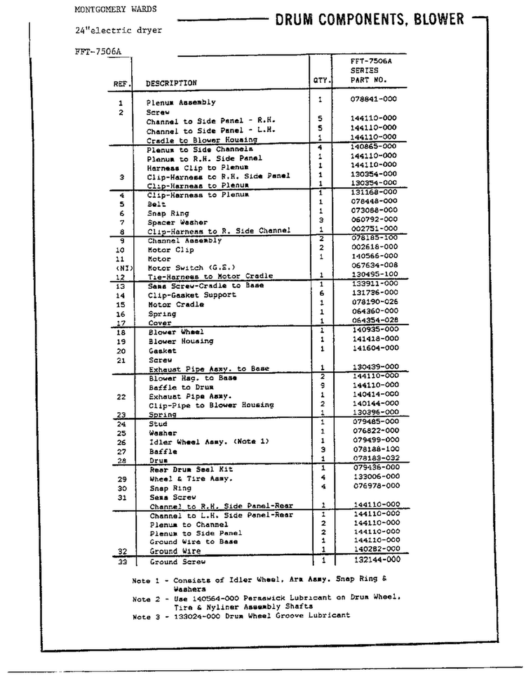 Drum Components, Blower Page 2 Diagram and Parts List for 7506A  Frigidaire Dryer