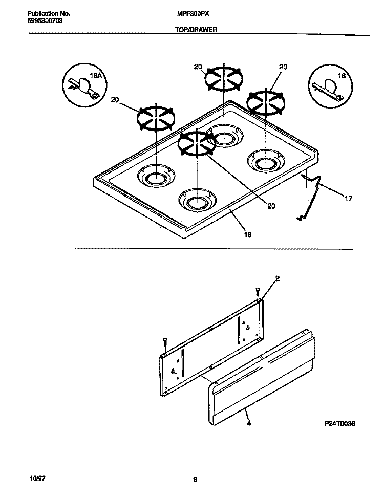 TOP / DRAWER Diagram and Parts List for MPF300PXWC  Frigidaire Range