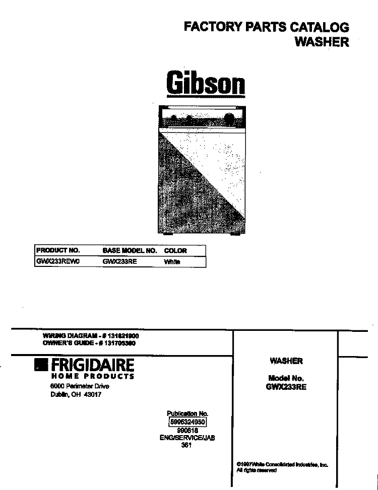 COVER Diagram and Parts List for GWX233REW0  Gibson Washer