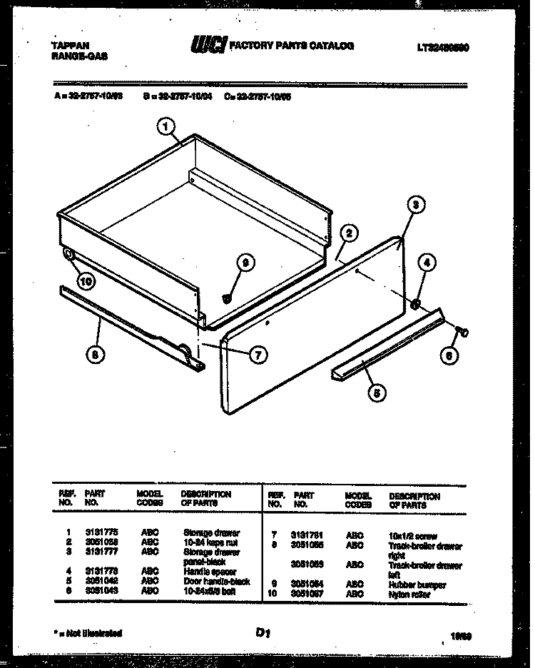 DRAWER PARTS Diagram and Parts List for 32-2757-00-03  Tappan Range