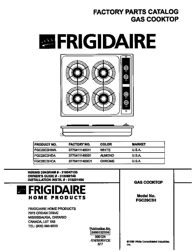 COVER Diagram and Parts List for FGC26C3HDA  Frigidaire Cooktop