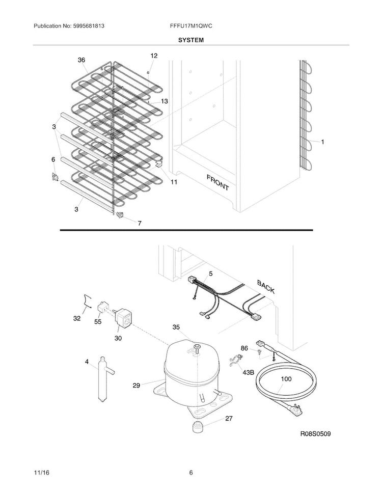 System Diagram and Parts List for FFFU17M1QWC  Frigidaire Freezer