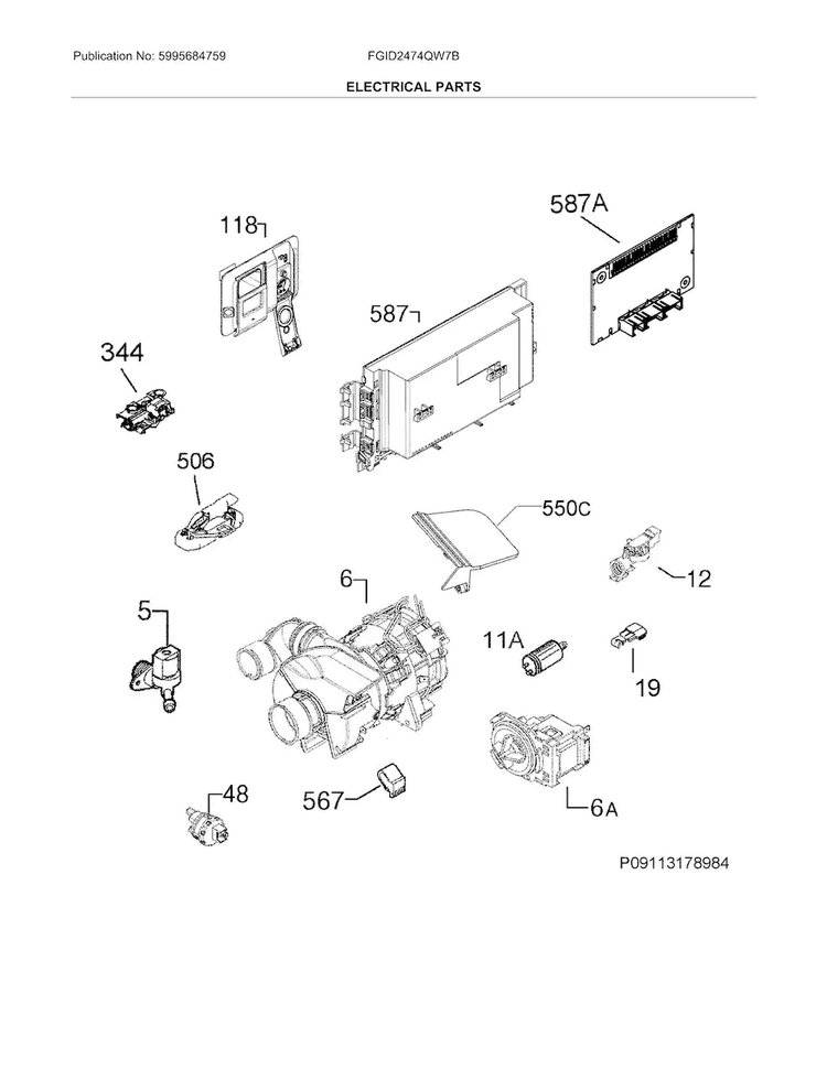 Electrical Parts Diagram and Parts List for FGID2474QW7B  Frigidaire Dishwasher