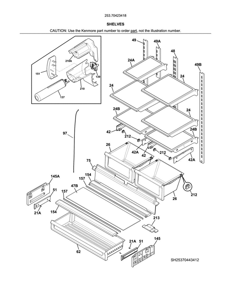 Shelves Diagram and Parts List for 25370423418  Kenmore Refrigerator