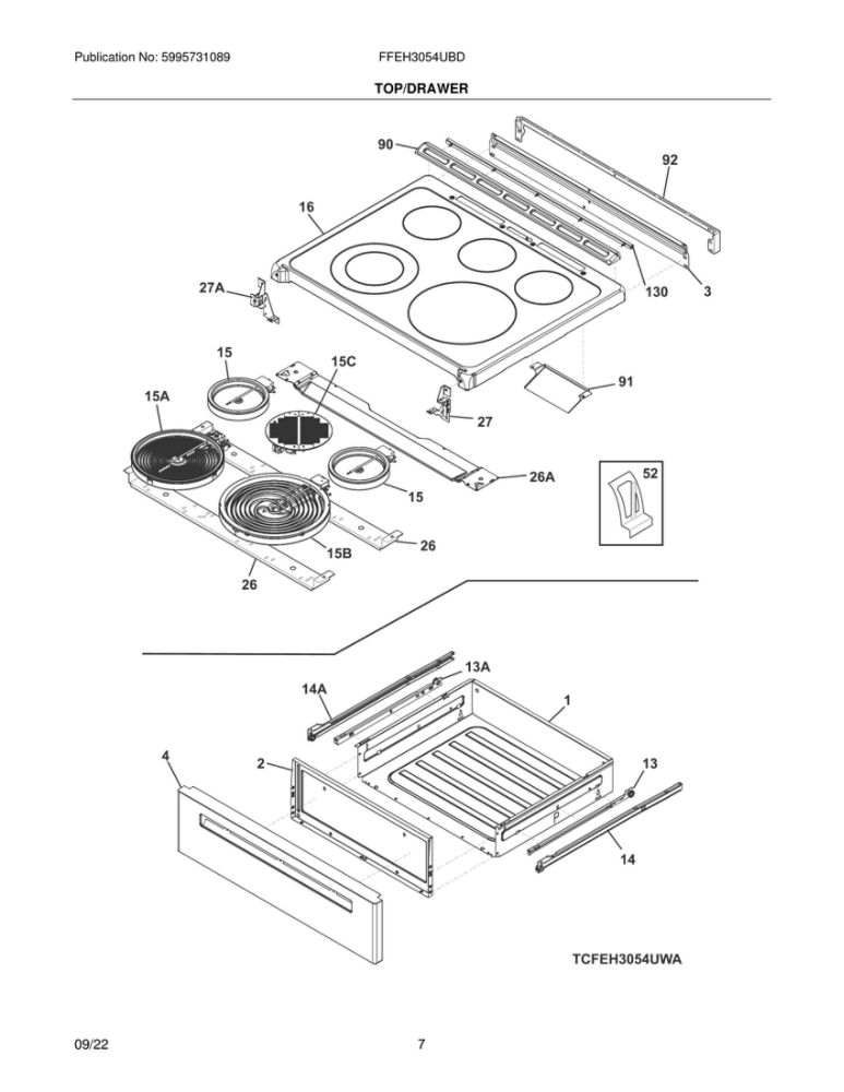 Top/Drawer Diagram and Parts List for FFEH3054UBD  Frigidaire Range