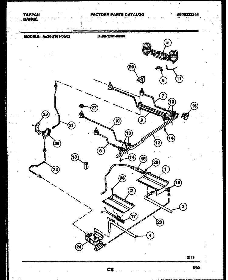 BURNER, MANIFOLD AND GAS CONTROL Diagram and Parts List for 30-2761-23-02  Tappan Range