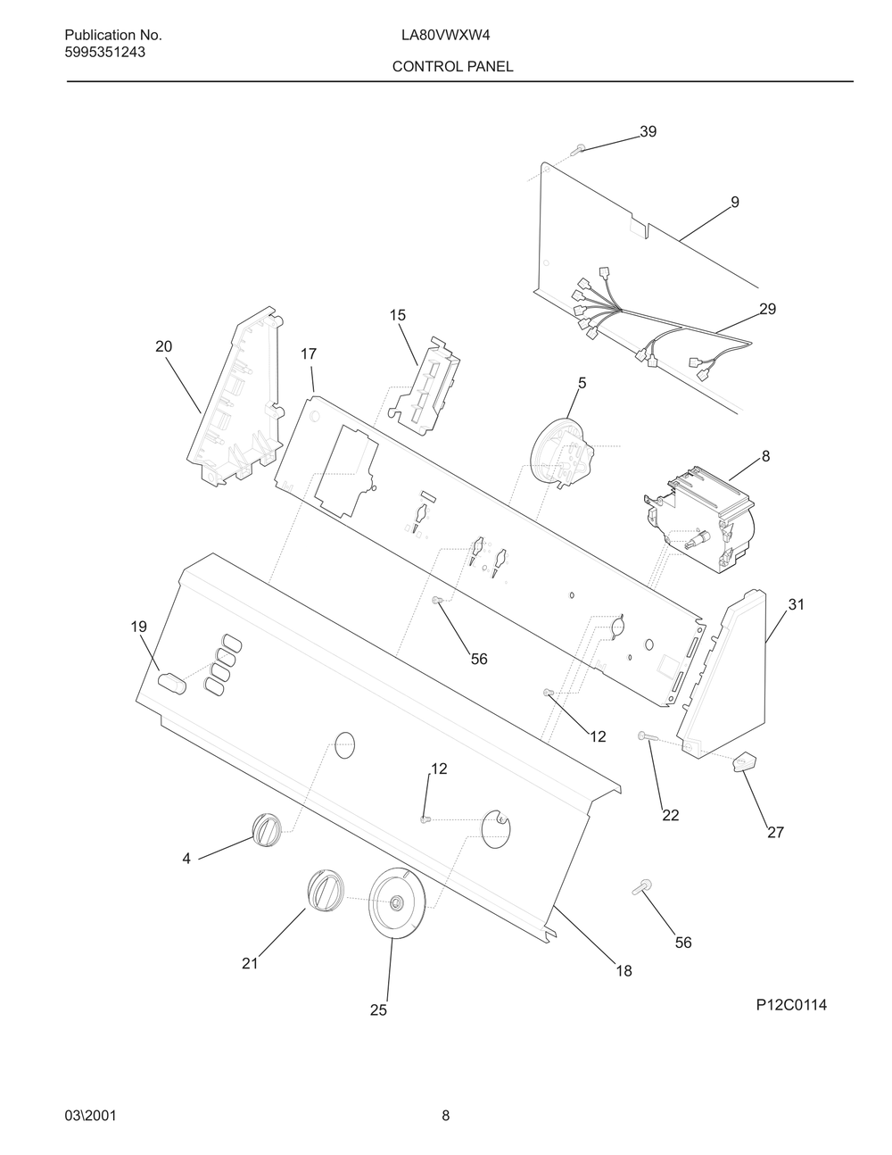 Control Panel Diagram and Parts List for LA80VWXW4  Westinghouse Washer