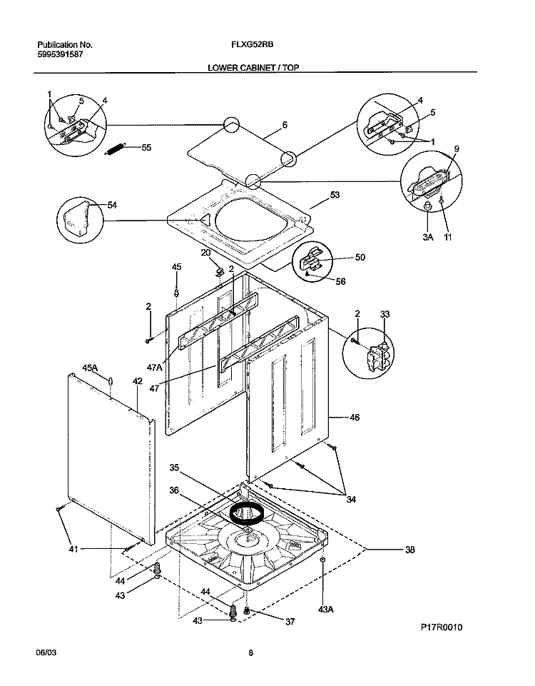 LOWER CABINET / TOP Diagram and Parts List for FLXG52RBSB  Frigidaire Washer Dryer Combo