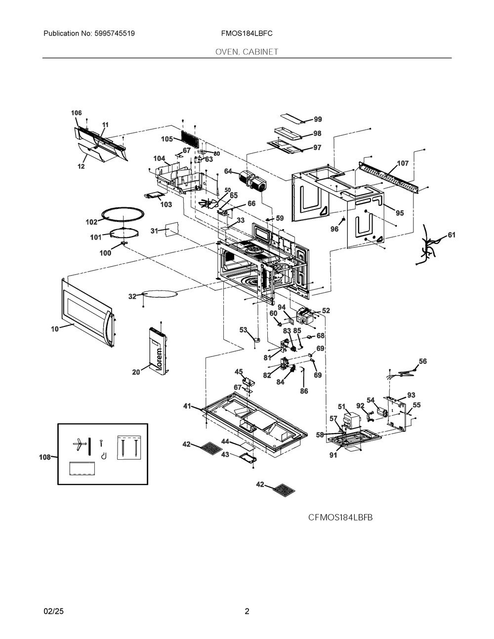Oven, Cabinet Diagram and Parts List for FMOS184LBFC  Frigidaire Microwave
