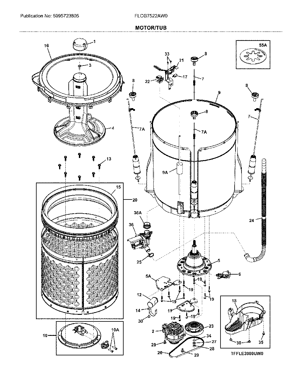 Motor/tub Diagram and Parts List for FLCG7522AW0  Frigidaire Washer Dryer Combo