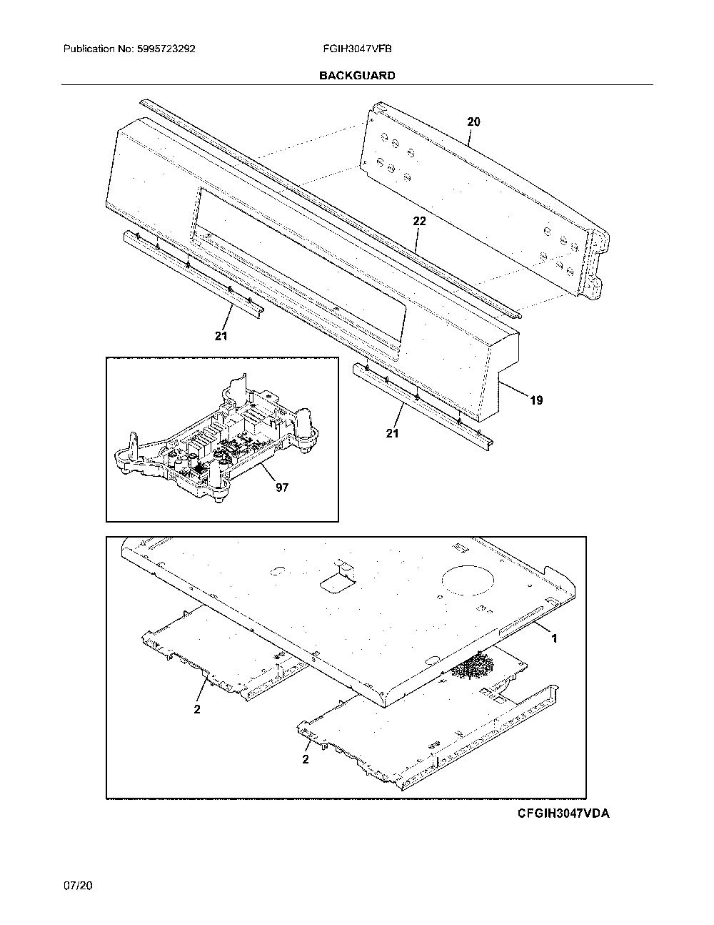 Backguard Diagram and Parts List for FGIH3047VFB  Frigidaire Range