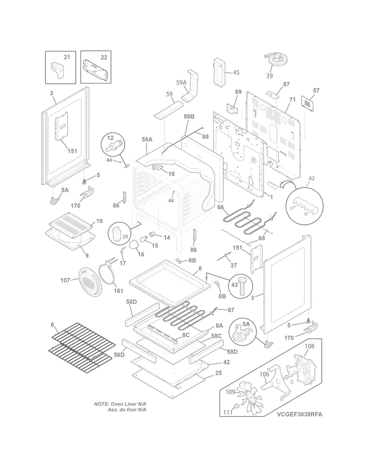 Body Diagram and Parts List for CGEF3039RFA  Frigidaire Range