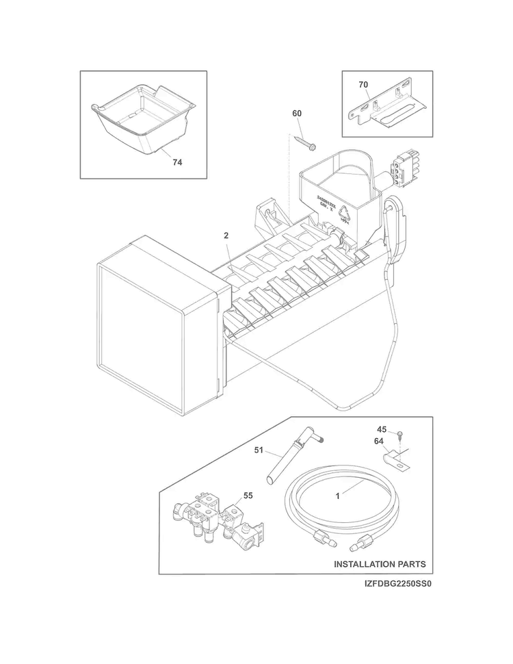 Ice Maker Diagram and Parts List for FDBG2250SS0  Frigidaire Refrigerator