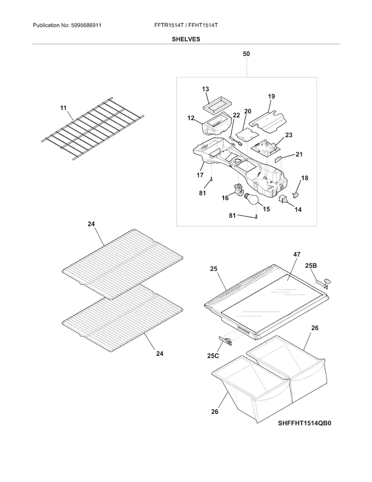 Shelves Diagram and Parts List for FFHT1514TB0  Frigidaire Refrigerator