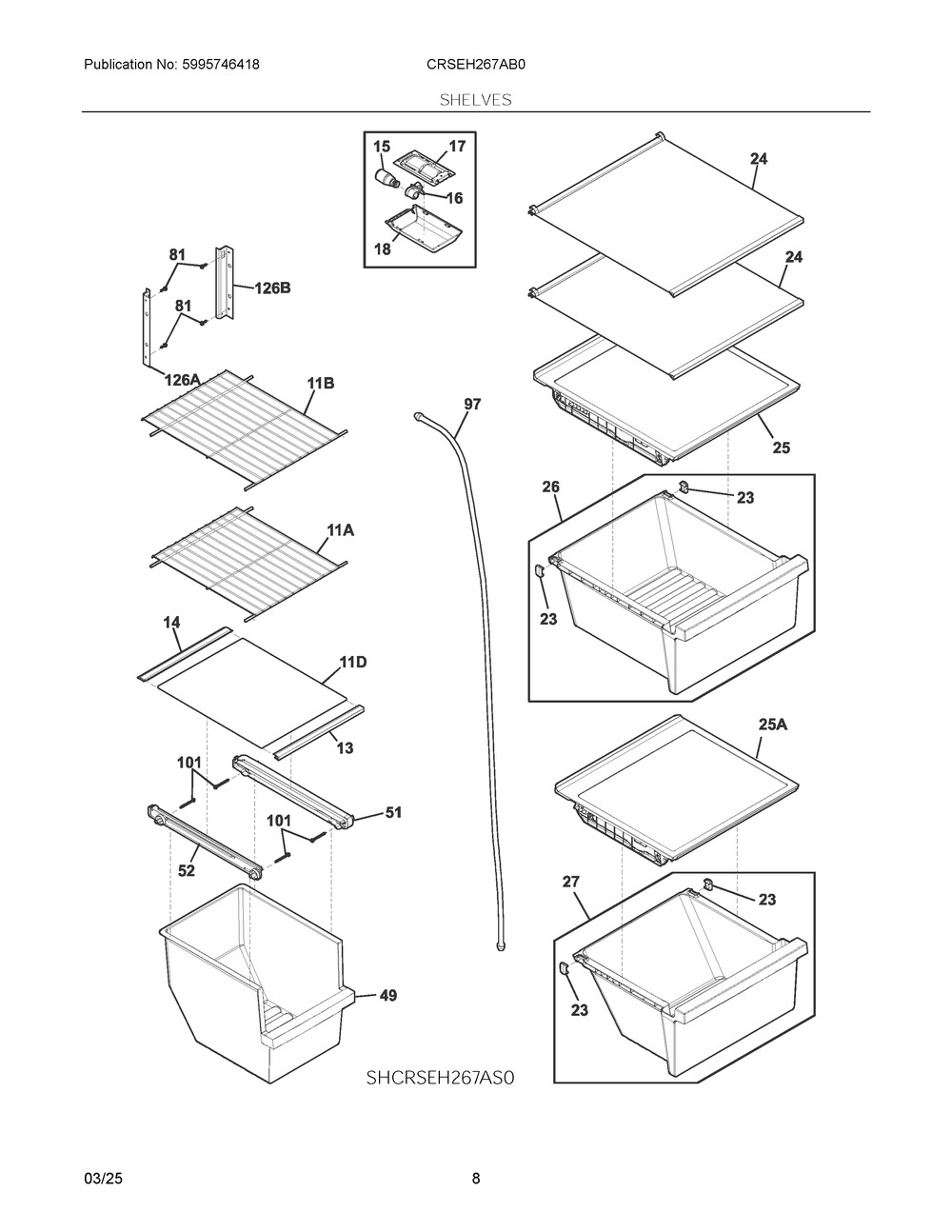 Shelves Diagram and Parts List for CRSEH267AB0  Frigidaire Refrigerator